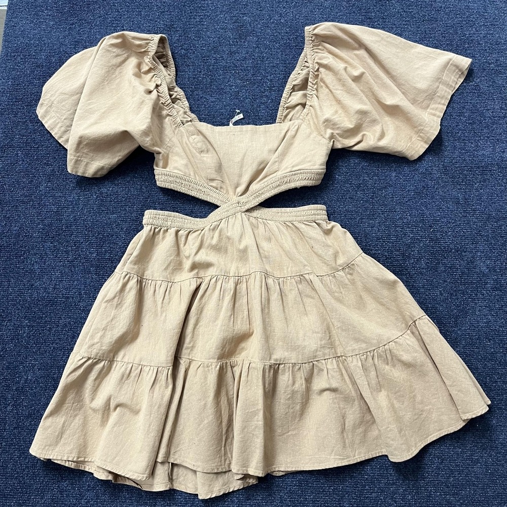 Free People Dress Womens XS Beige Puff Sleeve Cutout Tiered Boho Mini Sundress